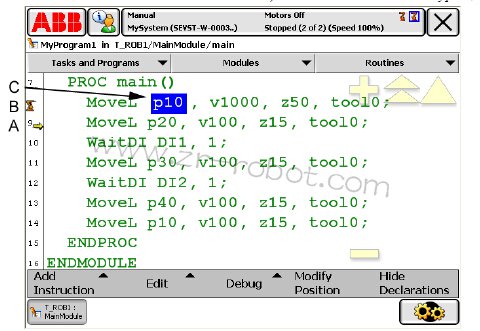 ABB机器人何通过动作指令执行步退的示例步骤